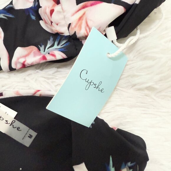 Women CUPSHE Floral Print Shoulder Straps Bikini Beach Set in Black Size Medium - Picture 5 of 8